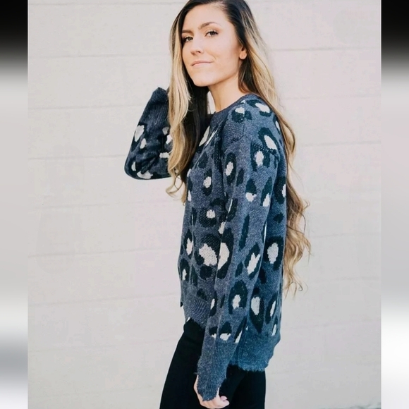 Buckle Free Generation Women's Blue Leopard Print Sweater Size Medium - Picture 1 of 12